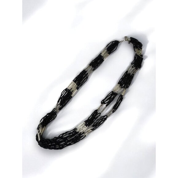Vintage Multi-Strand Glass Bead Necklace Black Silver 36-38In Adj Boho Elegant - Picture 9 of 9